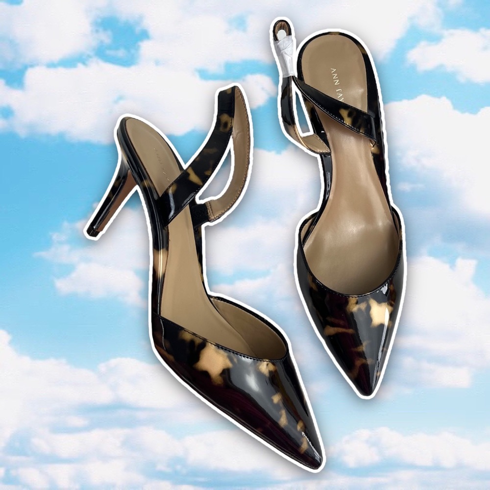 NWOB ANN TAYLOR Genuine Patent Leather Tortoiseshell Pointy Toe Slingback Heels